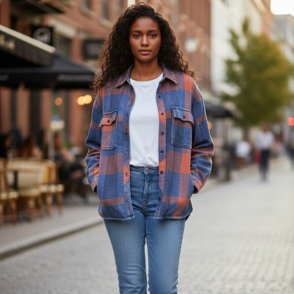 Vintage Havana small blue orange long sleeve button down flannel shirt shacket - Picture 2 of 12
